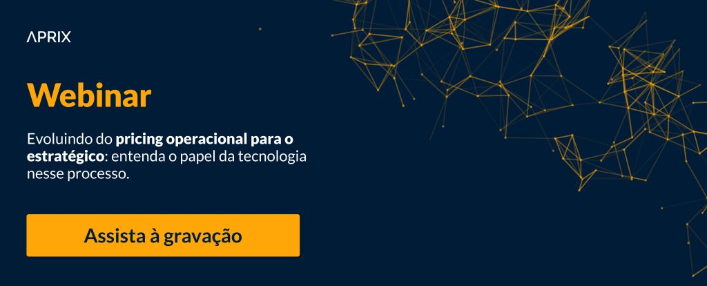 Em um banner azul, com letras amarelas e brancas, se lê: Assista o webinar "Evoluindo do pricing operacional ao estratégico: entenda o papel da tecnologia nesse processo." Abaixo, há um botão dizendo: Clique e acesse a gravação.